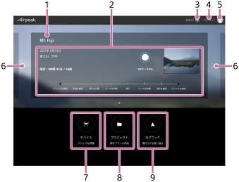 「Airpeak Base」アプリホーム画面の各部の位置を示すイラスト