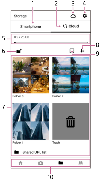Immagine che illustra la schermata dello spazio di archiviazione su cloud di Creators’ App.