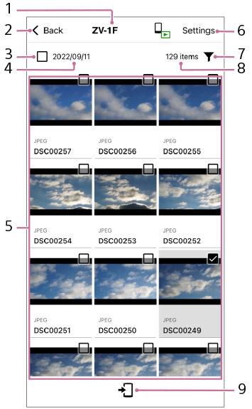 Ecrã para selecionar imagens a serem transferidas na Creators' App