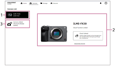 Afbeelding met uitleg over het scherm Camera's van Creators' Cloud Web