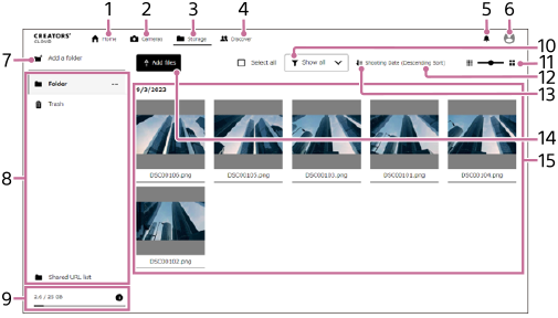 Afbeelding met uitleg over het scherm Opslag van Creators' Cloud Web