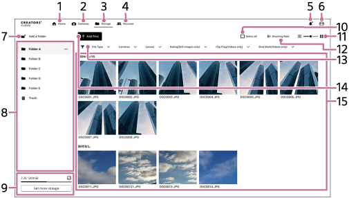 Ilustracja objaśniająca ekran Pamięć masowa w serwisie  Creators' Cloud Web