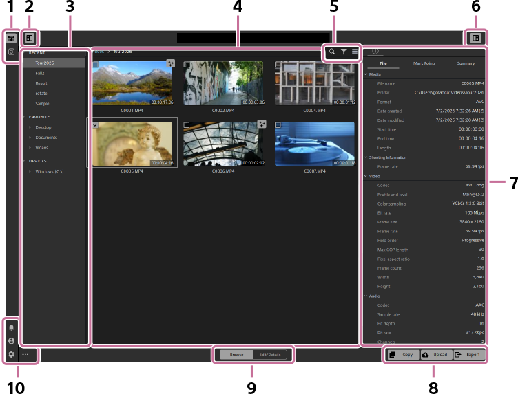 Illustration showing the screen for managing clips and the panels and buttons displayed on the screen
