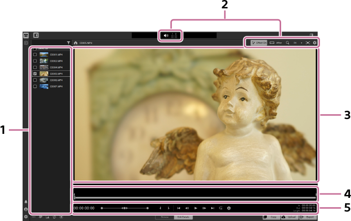 Illustration showing the screen for editing clips and the panels and buttons displayed on the screen