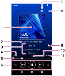 Illustration showing the items on the playback screen. The status bar is at the top of the screen. The navigation bar is at the bottom of the screen. In the area between the bars, the following items appear. From the top, the information for the current track and the playback operating buttons.