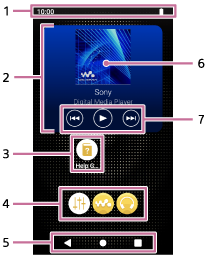 Illustration showing the items on the WALKMAN Home screen. The status bar is at the top of the screen. Below the status bar, the upper half of the screen is the Music player widget. The central area of the widget is the cover art. The playback control buttons are below the cover art. Shortcuts to apps are below the widget. The Dock is below the short cuts to apps. The navigation bar is at the bottom of the screen. 