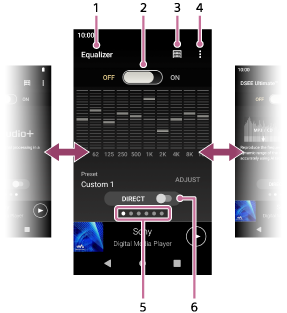 Illustration montrant les éléments sur les écrans de réglage du son. La barre d’état est en haut de l’écran. La barre de navigation est en bas de l’écran. L’état actuel des réglages sonores et les commutateurs sont sous la barre d'état.