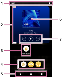 Illustration montrant les éléments de l’Écran d'accueil WALKMAN. La barre d’état est en haut de l’écran. Sous la barre d'état, la moitié supérieure de l’écran est le widget du lecteur de musique. La zone centrale du widget est la pochette. Les touches de commande de lecture sont placées sous la pochette. Des raccourcis vers les applications sont sous le widget. Le Dock est placé sous les raccourcis des applis. La barre de navigation est en bas de l’écran.