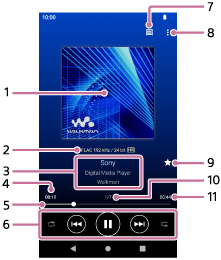 Illustration montrant les éléments sur l’écran de lecture. La barre d’état est en haut de l’écran. La barre de navigation est en bas de l’écran. Les éléments suivants s’affichent dans la zone comprise entre les barres. Depuis le haut, les informations de la piste actuelle et les boutons d’exécution de la lecture.