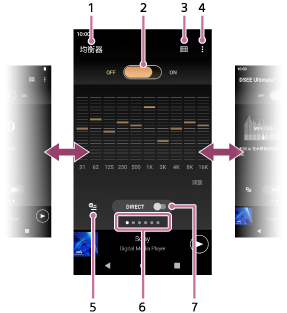 图示为声音调节画面上的项目。状态栏在屏幕顶部。导航栏在屏幕底部。声音调节、开关和按钮的当前状态位于状态栏下方。