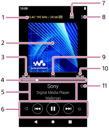 Illustration showing the items on the playback screen. The status bar is at the top of the screen. The navigation bar is at the bottom of the screen. In the area between the bars, the following items appear. From the top, the information for the current track, and the playback operating buttons.