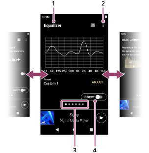 The following items appear on all of the sound adjustment screens. The status bar appears at the top of the screen. The name of the sound adjustment appears under the status bar on the left side. The options button appears under the status bar on the right side. The page indicator is in the center of the lower area of the screen. The [DIRECT] switch is above the page indicator on the right side. The mini player is in the lower area of the screen. The navigation bar is at the bottom of the screen. 