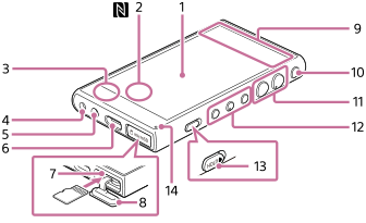 播放器的部件和控件。拿住播放器，使触摸屏面向您。有几个按钮和开关的一侧应位于右侧。底部应有插孔和一个卡槽。以下是每侧的项目列表。正面：顶部区域为内置天线，左下角为内置麦克风，右下角为充电指示灯。右侧，从顶部：电源按钮、音量+按钮、音量-按钮、下一曲目按钮、播放/暂停按钮、前一曲目按钮和HOLD开关。底部，从左侧：耳机插孔、带孔、USB Type-C端口和microSD卡槽。背面：N-标记。