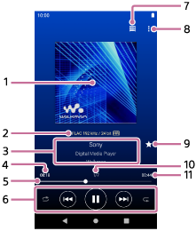 Illustration showing the items on the playback screen. The status bar is at the top of the screen. The navigation bar is at the bottom of the screen. In the area between the bars, the following items appear. From the top, the information for the current track and the playback operating buttons.