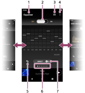 Illustration showing the items on the sound adjustment screens. The status bar is at the top of the screen. The navigation bar is at the bottom of the screen. The current state of sound adjustments, the switches, and the buttons are under the status bar.