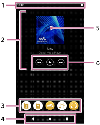 Illustration showing the items on the WALKMAN Home screen. The status bar is at the top of the screen. Under the status bar, the upper half of the screen is the Music player widget. The central area of the widget is the cover art. The playback control buttons are under the cover art. The lower area of the screen is for the Dock. The navigation bar is at the bottom of the screen. 