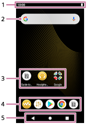 Die Statusleiste befindet sich oben auf dem Bildschirm. Das Widget für die Google-Suche befindet sich unter der Statusleiste. Der mittlere Bereich des Bildschirms ist für Verknüpfungen mit Apps vorgesehen. Das Dock befindet sich unter dem mittleren Bereich. Die Navigationsleiste befindet sich am unteren Rand des Bildschirms.