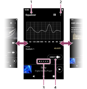 Az összes hangszabályzás képernyőn a következő elemek jelennek meg. Az állapotsáv a képernyő tetején jelenik meg. A hangszabályzás neve a bal oldali állapotsávon jelenik meg. A beállítások gomb a jobb oldalon lévő állapotsáv alatt jelenik meg. Az oldal kijelzése a képernyő alsó részének közepén található. A [DIRECT] kapcsoló a jobb oldalon lévő oldal kijelzés felett van. A mini lejátszó a képernyő alsó részén található. A navigációs sáv a képernyő alsó részén található. 