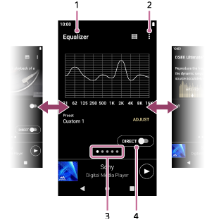 所有声音调节画面上都会显示以下项目。状态栏显示在屏幕顶部。声音调节的名称显示在左侧的状态栏下方。选项按钮显示在右侧的状态栏下方。页面指示位于屏幕下方区域的中心。［DIRECT］开关位于右侧页面指示的上方。迷你播放器位于屏幕的下方区域。导航栏在屏幕底部。 