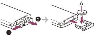 Ilustração que indica como inserir corretamente a pilha de lítio no controlo remoto
