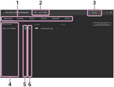 La finestra dell’applicazione Line-Array Speaker Manager. La barra dei menu con i pulsanti File, Tool, e Help (indicati dal numero 2) si trova nella parte centrale superiore della finestra, mentre il pulsante Reload (indicato dal numero 3) si trova vicino all’angolo superiore destro della finestra. Sotto la barra dei menu sono presenti 6 schede di impostazione (indicate dal numero 1). Sotto la sezione centrale della finestra sono visualizzati uno o più nomi dispositivo (indicati dal numero 4), uno o più indicatori di stato (indicati dal numero 5), e uno o più indicatori di identificazione (indicati dal numero 6).