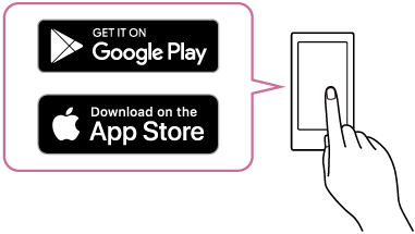 Illustration indiquant que le téléchargement depuis Google Play ou l’App Store est disponible