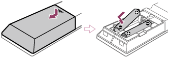 Ilustração que mostra como remover a tampa do telecomando e inserir as pilhas