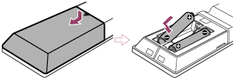 Ilustração que mostra como remover a tampa do telecomando e inserir as pilhas