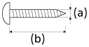 Ilustrace označující rozměry šroubu. (a) představuje průměr šroubu. (b) představuje délku šroubu bez hlavy.