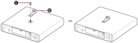 Illustration of attaching the wall hook to the hole for wall hook attachment on the back of the speaker