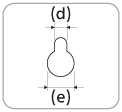 Illustratie met daarop de afmetingen van de opening in de wandmontagebeugel. (d) staat voor de breedte van de bovenkant van de opening. (e) staat voor de breedte van de onderkant van de opening.
