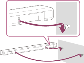Hæng bar-højttaleren op, så skruerne fra trin 4 kan gå gennem åbningerne på bagsiden af bar-højttaleren, så bar-højttaleren dermed hænger på skruerne.