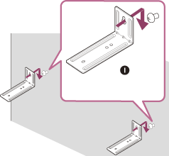 Akassza fel a falra szerelésre szolgáló konzolokat úgy, hogy az 5. lépésben rögzített csavarok át legyenek vezetve a konzolok furatain, és a konzolokat a csavarok tartsák.