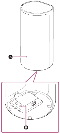Illustration indicating the locations of the power indicator and LINK button. A power indicator is located on the front of each speaker, and a LINK button is located in the recess on the bottom of each speaker.