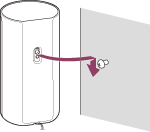 Ilustración que indica como el tornillo montado en la pared pasa por el orificio de la parte posterior del altavoz y como el altavoz se cuelga del tornillo