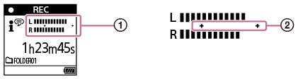 Illustration indicating the recording level guide’s display position and the appropriate range for the recording level