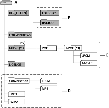 When you connect your IC recorder to a computer, you can view folders such as the REC_FILE folder, FOR WINDOWS folder, MUSIC folder, and LICENCE folder.
