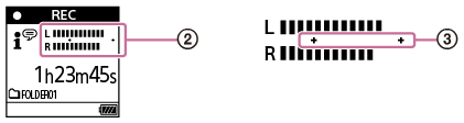 Illustration indicating the recording level guide’s display position and the appropriate range for the recording level