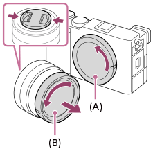 Илюстрация, показваща позициите на капачката на корпуса и задната капачка на обектива