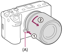 Illustration indiquant l’emplacement du bouton de déverrouillage de l’objectif et comment déverrouiller l’objectif