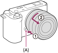 Illustratie die de positie van de lensontgrendelingsknop aangeeft, en hoe de lens moet worden ontgrendeld