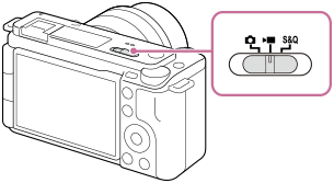 Ilustração que indica a posição do interruptor Imagem fixa/Filme/S&Q