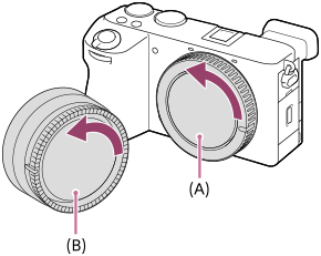 Abbildung, die die Positionen der Gehäusekappe und des hinteren Objektivdeckels angibt