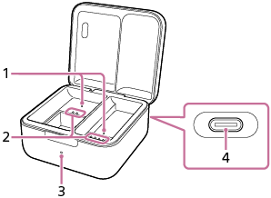 An illustration of the charging case for locating parts and controls
