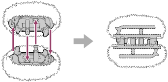 Ilustracja przedstawiająca sposób połączenia dwóch osłon przeciwwietrznych ze sobą. Włóż wystający element na ramie każdej z osłon przeciwwietrznych w otwór w ramie drugiej osłony, aby połączyć osłony przeciwwietrzne ze sobą.