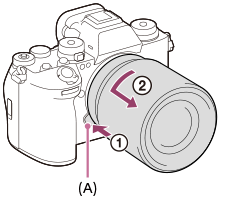 Illustration indiquant l’emplacement du bouton de déverrouillage de l’objectif et comment déverrouiller l’objectif