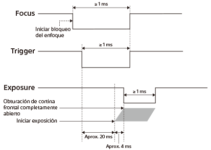 Diagrama de sincronización de la generación de señal de Focus/Trigger/Exposure