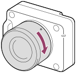 Ilustração que mostra como rodar a objetiva para a direita com a câmara virada para si