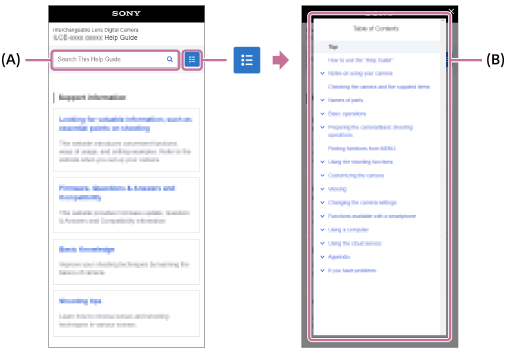 V hornej časti obrazovky sa zobrazí vyhľadávacie okno (A). Obsah sa zobrazí po kliknutí na ikonu obsahu napravo od vyhľadávacieho okna.