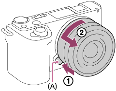 Illustration indicating the position of the lens release button and how to release the lens